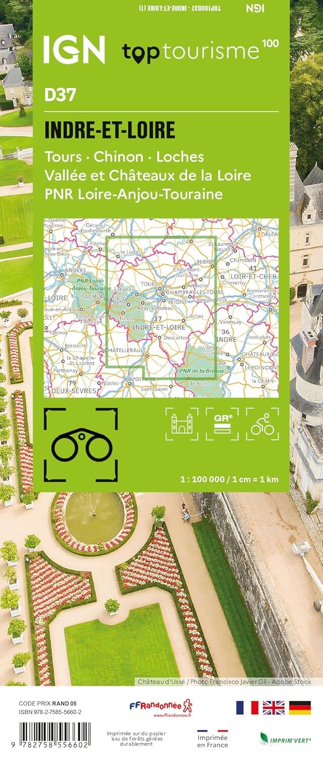 Carte touristique TOP100 D37 - Indre-et-Loire : Tours, Chinon, Loches, Vallée et Châteaux de la Loire, Pnr Loire-Anjou-Touraine | IGN carte routière IGN