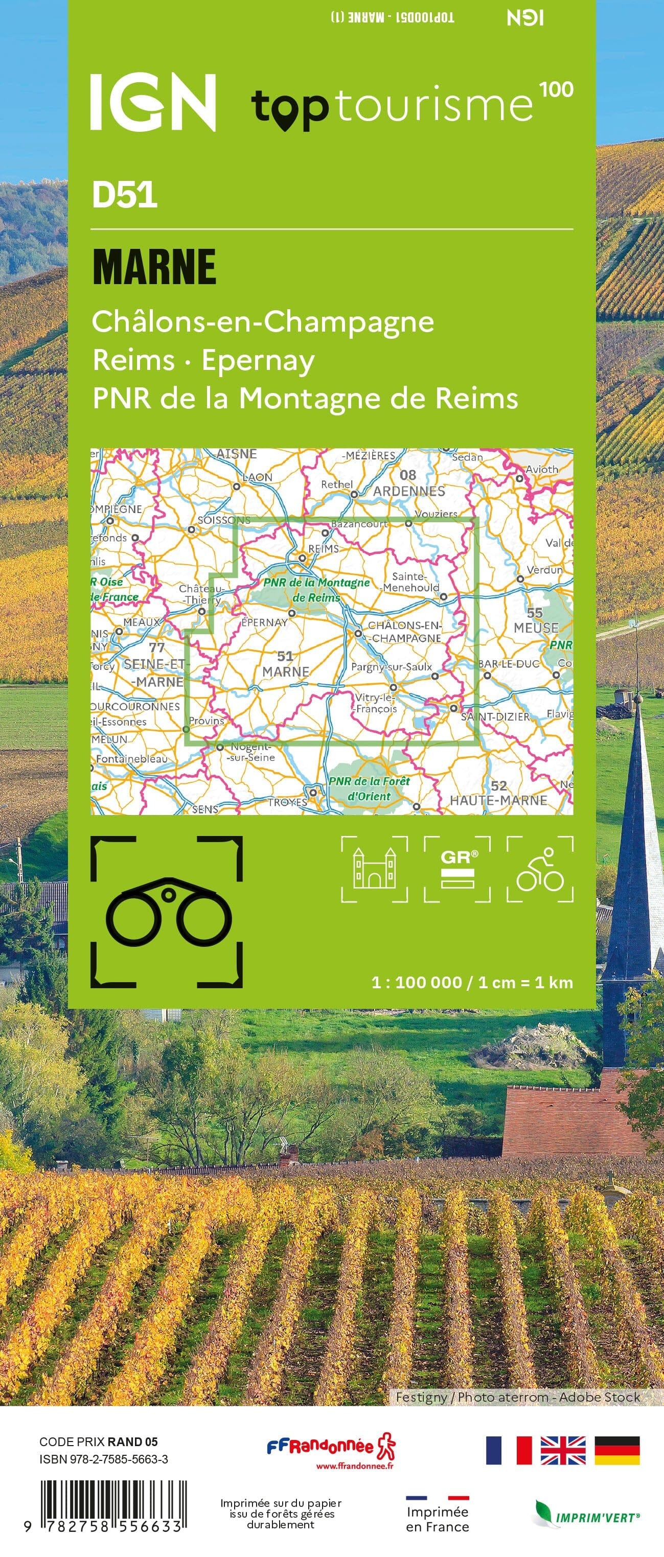 Carte touristique TOP100 D51 - Marne : Châlons-en-Champagne, Reims, Epernay, Pnr de la Montagne de Reims | IGN carte routière IGN