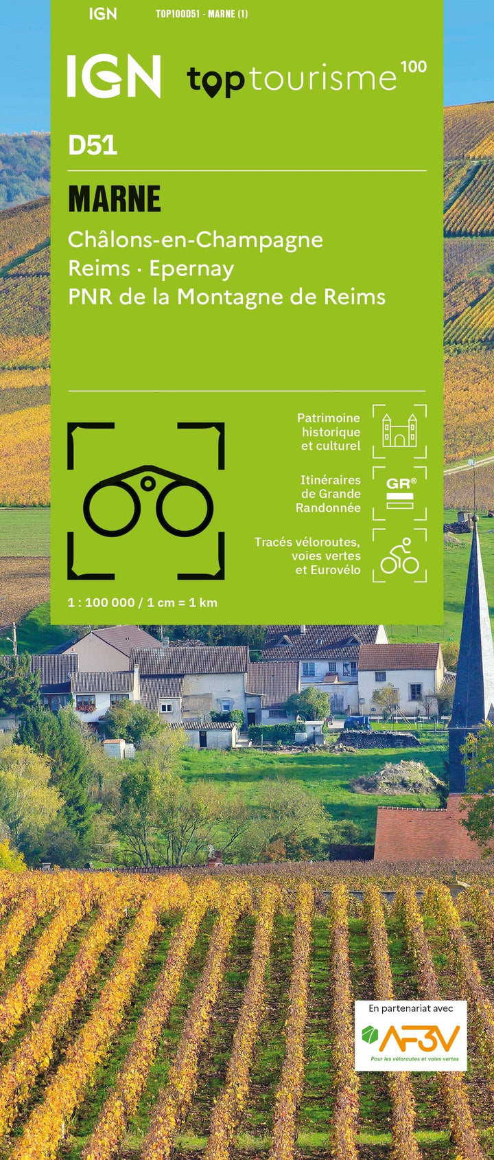Carte touristique TOP100 D51 - Marne : Châlons-en-Champagne, Reims, Epernay, Pnr de la Montagne de Reims | IGN carte pliée IGN 