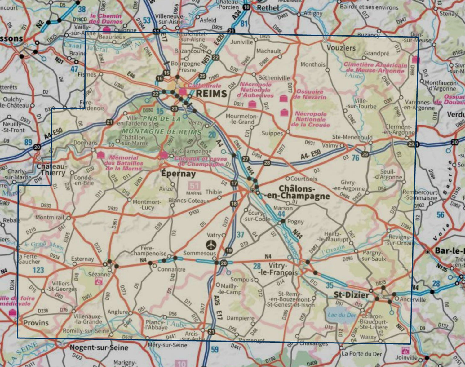 Carte touristique TOP100 D51 - Marne : Châlons-en-Champagne, Reims, Epernay, Pnr de la Montagne de Reims | IGN carte routière IGN 