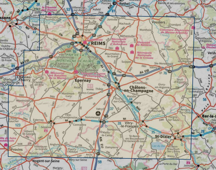 Carte touristique TOP100 D51 - Marne : Châlons-en-Champagne, Reims, Epernay, Pnr de la Montagne de Reims | IGN carte routière IGN 