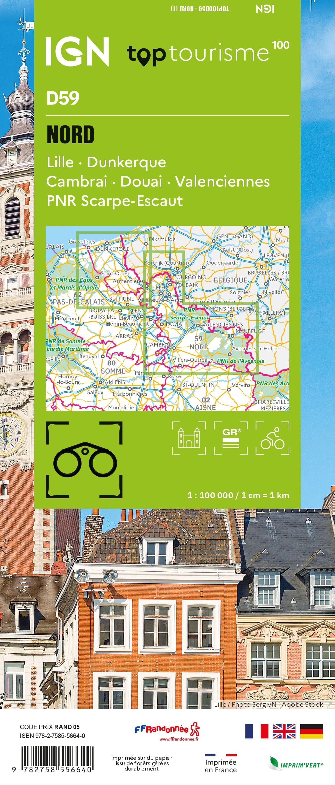 Carte touristique TOP100 D59 - Nord : Lille, Dunkerque, Cambrai, Douai, Valenciennes, Pnr Scarpe-Escaut | IGN carte routière IGN