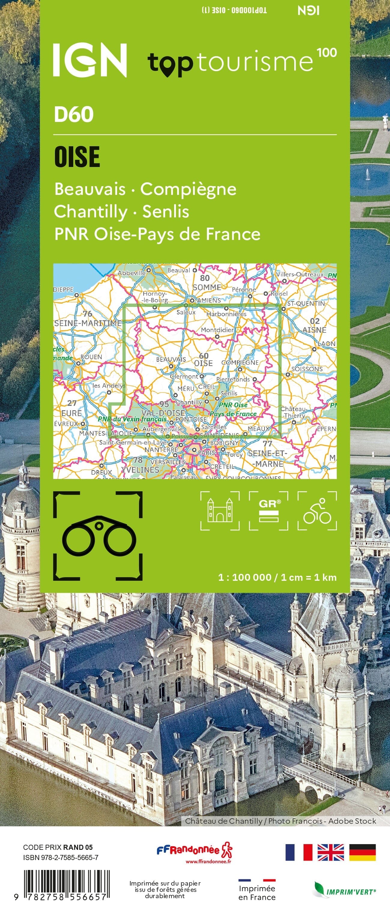 Carte touristique TOP100 D60 - Oise : Beauvais, Compiègne, Chantilly, Senlis, Pnr Oise-Pays de France | IGN carte routière IGN