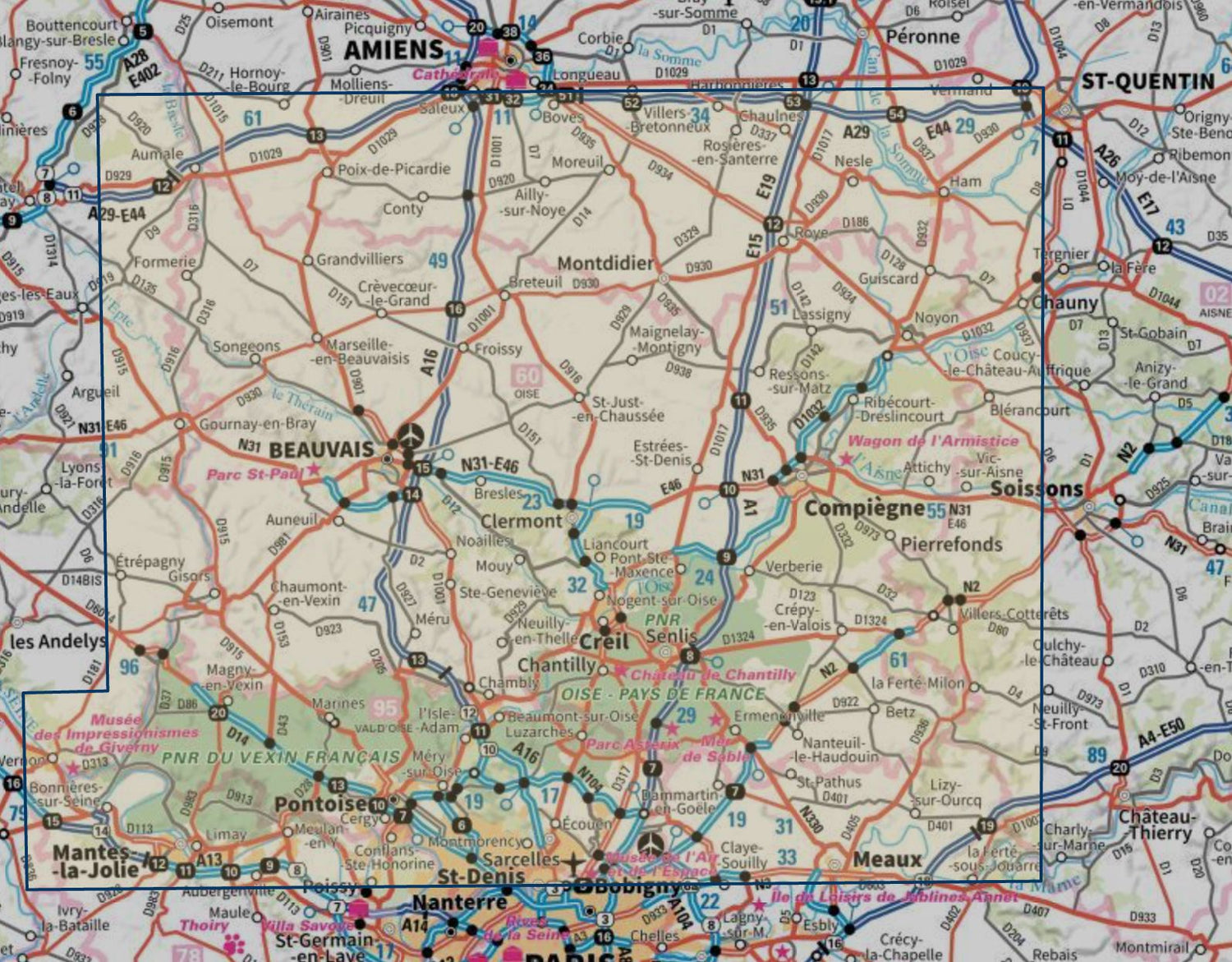 Carte touristique TOP100 D60 - Oise : Beauvais, Compiègne, Chantilly, Senlis, Pnr Oise-Pays de France | IGN carte routière IGN 