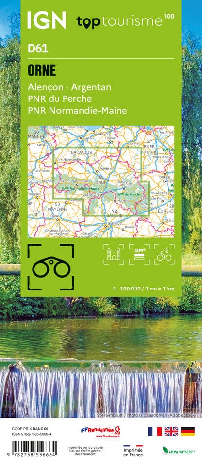 Carte touristique TOP100 D61 - Orne : Alençon, Argentan, Pnr du Perche, Pnr Normandie-Maine | IGN carte routière IGN