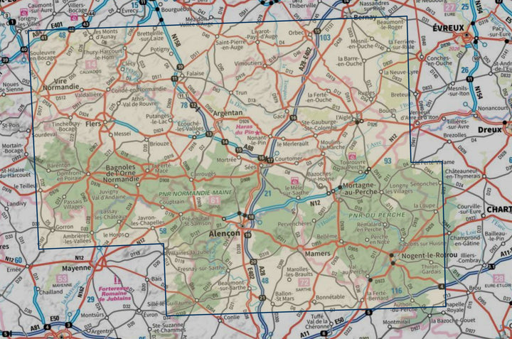 Carte touristique TOP100 D61 - Orne : Alençon, Argentan, Pnr du Perche, Pnr Normandie-Maine | IGN carte routière IGN 