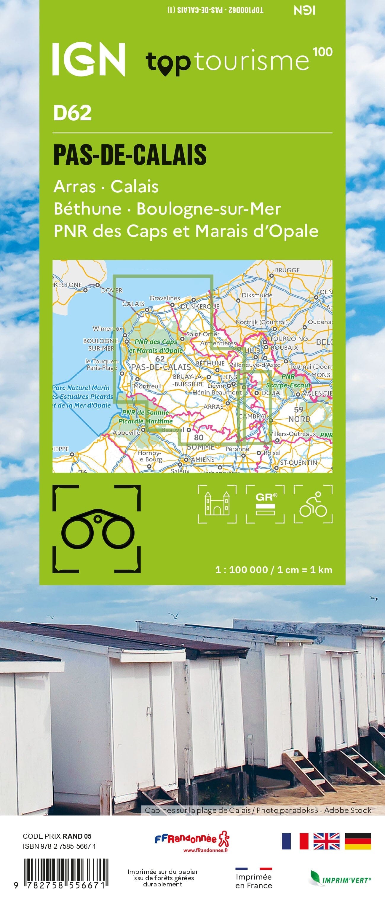 Carte touristique TOP100 D62 - Pas-de-Calais : Arras, Calais, Béthune, Boulogne-Sur-Mer, Pnr des Caps et Marais d'Opale | IGN carte routière IGN