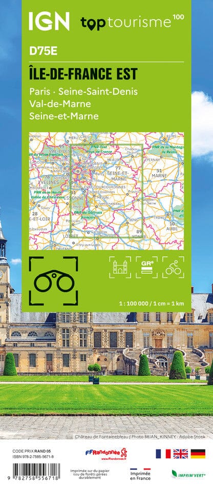 Carte touristique TOP100 D75E - Île-de-France Est : Paris, Seine-Saint-Denis, Val-de-Marne, Seine-et-Marne | IGN carte routière IGN