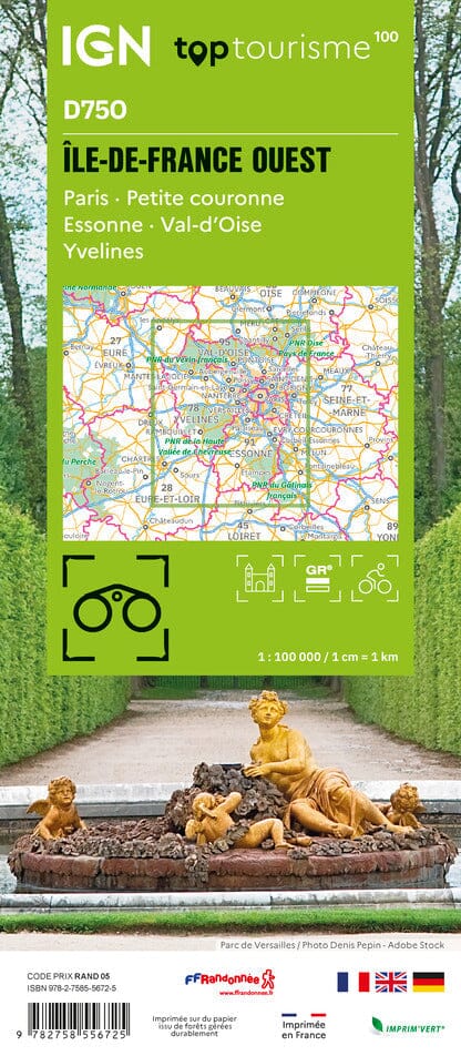 Carte touristique TOP100 D75O - Île-de-France Ouest : Paris, Petite Couronne, Essonne, Val-D'Oise, Yvelines | IGN carte routière IGN