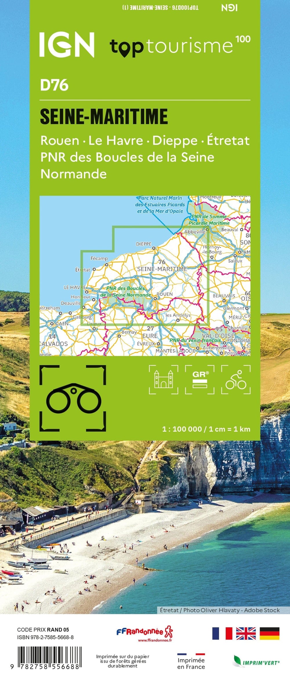 Carte touristique TOP100 D76 - Seine-Maritime : Rouen, Le Havre, Dieppe, Étretat, Pnr des Boucles de la Seine Normande | IGN carte pliée IGN 