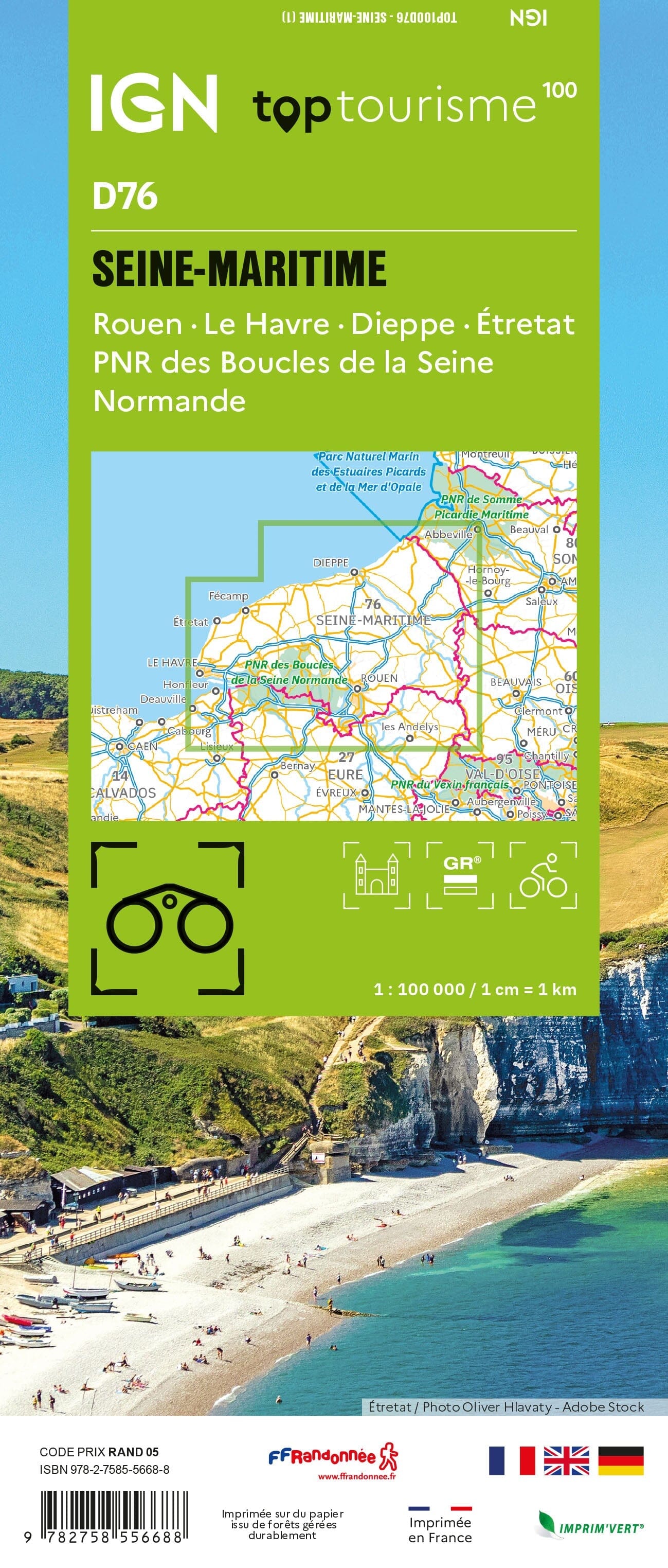 Carte touristique TOP100 D76 - Seine-Maritime : Rouen, Le Havre, Dieppe, Étretat, Pnr des Boucles de la Seine Normande | IGN carte routière IGN