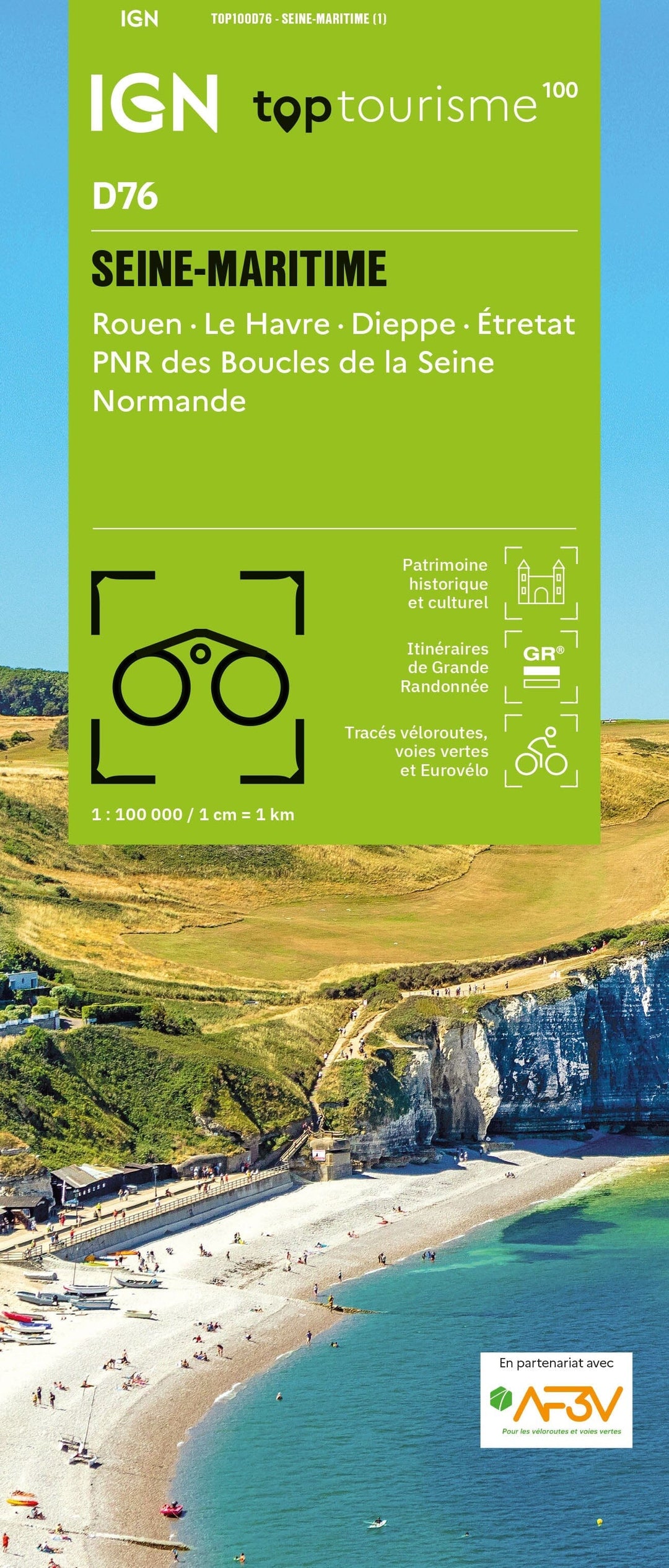 Carte touristique TOP100 D76 - Seine-Maritime : Rouen, Le Havre, Dieppe, Étretat, Pnr des Boucles de la Seine Normande | IGN carte pliée IGN 