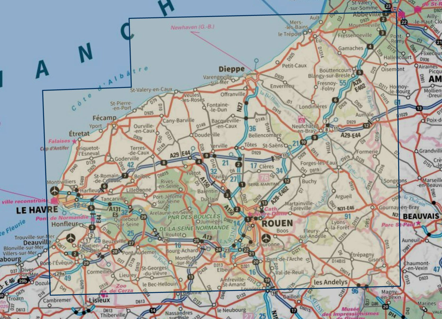 Carte touristique TOP100 D76 - Seine-Maritime : Rouen, Le Havre, Dieppe, Étretat, Pnr des Boucles de la Seine Normande | IGN carte routière IGN 