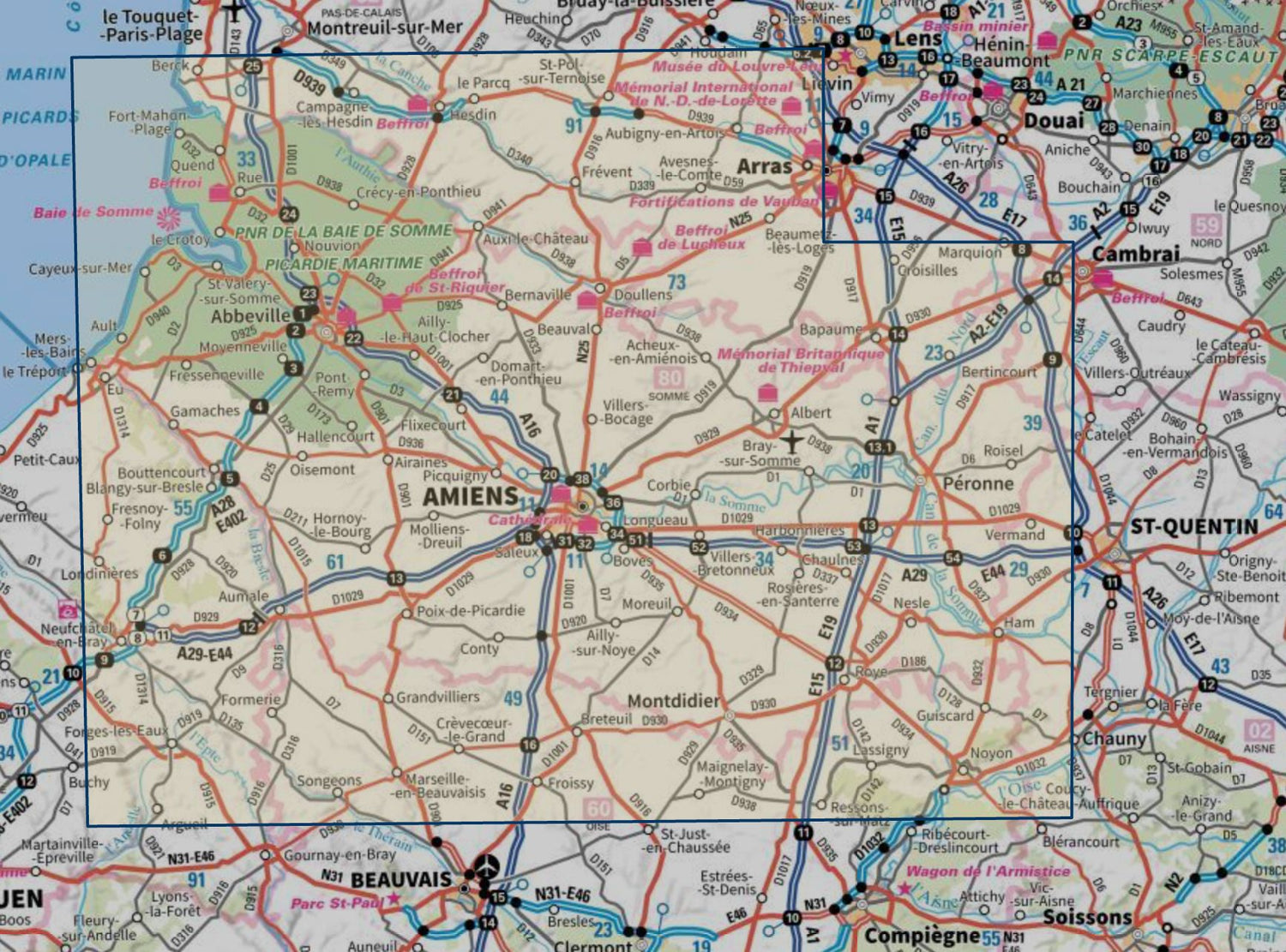 Carte touristique TOP100 D80 - Somme : Amiens, Abbeville, Pnr Baie de Somme Picardie Maritime | IGN carte routière IGN 