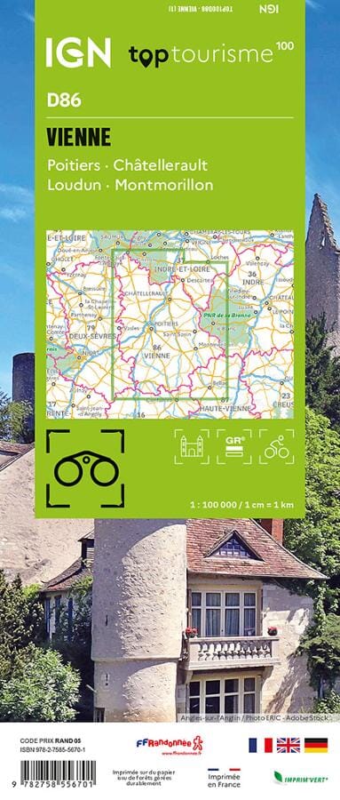 Carte touristique TOP100 D86 - Vienne : Poitiers, Châtellerault, Loudun, Montmorillon | IGN carte routière IGN
