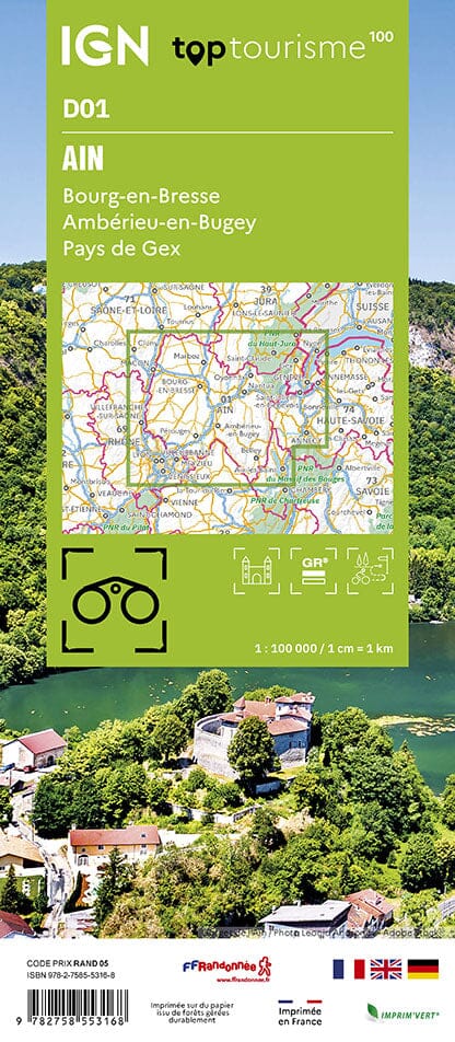 Carte touristique TOP 100 D01 - Ain : Bourg-en-Bresse, Ambérieu-en-Bugey, Pays de Gex | IGN carte routière IGN