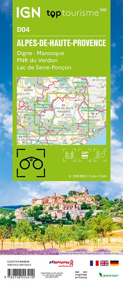Carte touristique TOP 100 D04 - Alpes-de-Haute-Provence : Digne, Manosque, PNR Verdon, lac de Serres-Poncon | IGN carte routière IGN