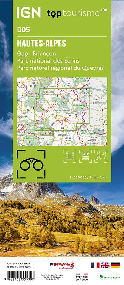 Carte touristique TOP 100 D05 - Hautes-Alpes : Gap, Briançon, PN Ecrins, PNR Queyras | IGN carte routière IGN