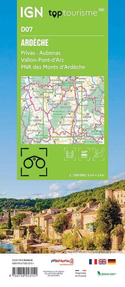 Carte touristique TOP 100 D07 - Ardèche : Privas, Aubenas, Vallon-Pont-d'Arc, PNR des Monts d'Ardèche | IGN carte routière IGN