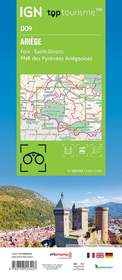 Carte touristique TOP 100 D09 - Ariège : Foix, Saint-Girons, PNR Pyrénées Ariégeoises | IGN carte routière IGN