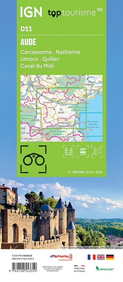Carte touristique TOP 100 D11 - Aude : Carcassonne, Narbonne, Limoux, Quillan, Canal du Midi | IGN carte routière IGN