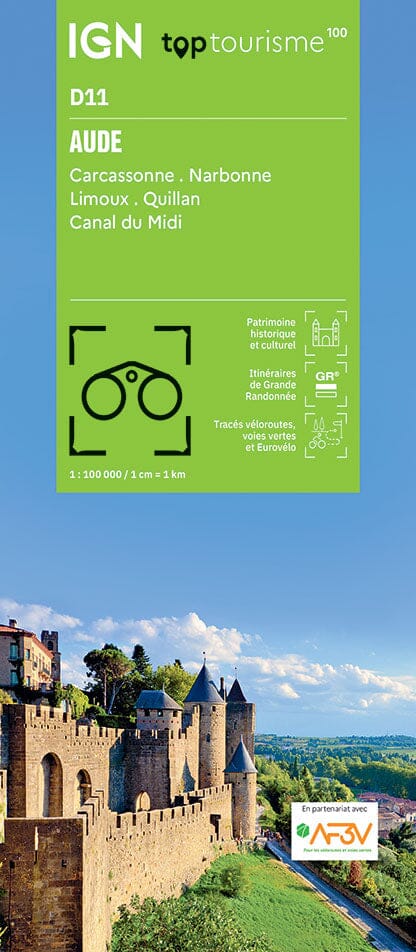 Carte touristique TOP 100 D11 - Aude : Carcassonne, Narbonne, Limoux, Quillan, Canal du Midi | IGN carte routière IGN Default Title