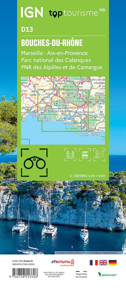 Carte touristique TOP 100 D13 - Bouches-du-Rhône : Marseille, Aix-en-Provence, PN des Calanques | IGN carte routière IGN