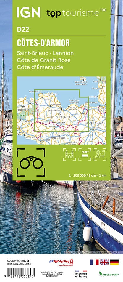 Carte touristique TOP 100 D22 - Côtes-d'Armor : St-Brieuc, Lannion, Côte de Granit Rose, Côte d'Émeraude | IGN carte routière IGN