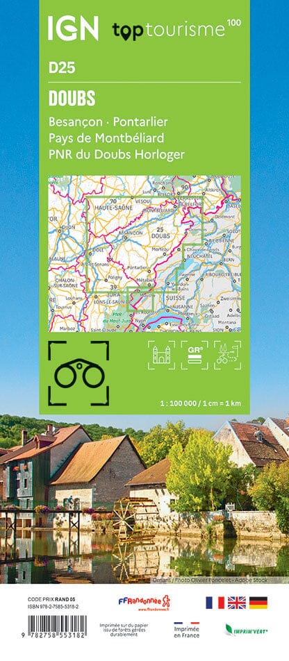 Carte touristique TOP 100 D25 - Doubs : Besançon, Pontarlier, Pays de Montbéliard | IGN carte routière IGN