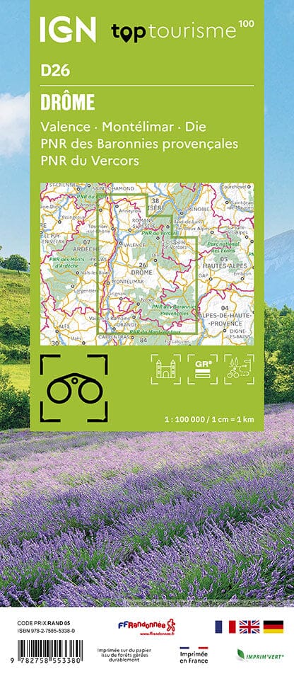 Carte touristique TOP 100 D26 - Drôme : Valence, Montélimar, Die, PNR Baronnies provençales, PNR du Vercors | IGN carte routière IGN