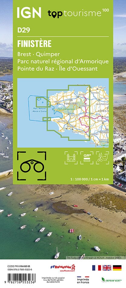 Carte touristique TOP 100 D29 - Finistère : Brest, Quimper, PNR Armorique, Pointe du Raz, Ouessant | IGN carte routière IGN