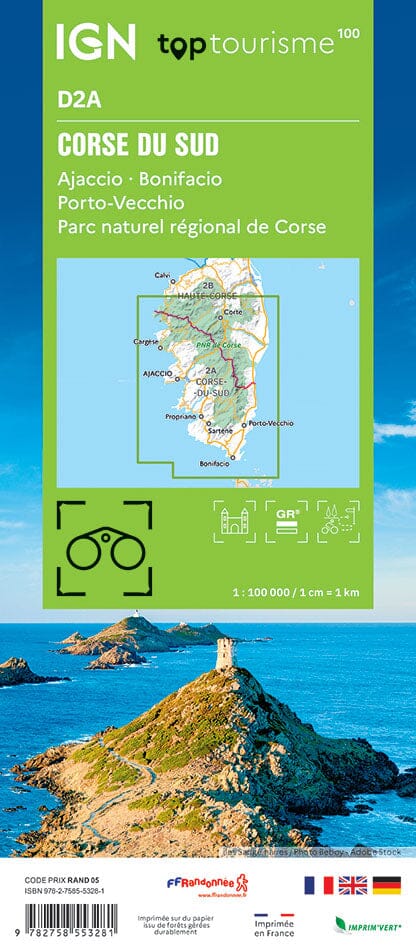 Carte touristique TOP 100 D2A - Corse-du-Sud : Ajaccio, Bonifacio, Porto-Vecchio, PNR Corse | IGN carte routière IGN