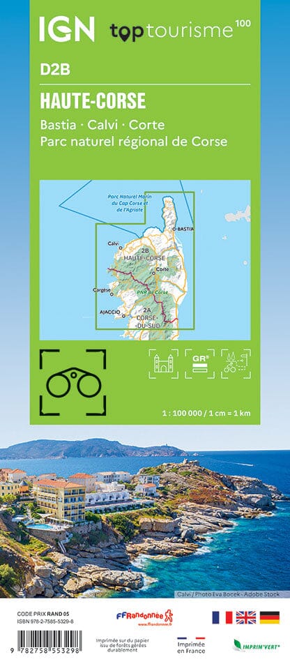 Carte touristique TOP 100 D2B - Haute-Corse : Bastia, Calvi, Corte, PNR Corse | IGN carte routière IGN