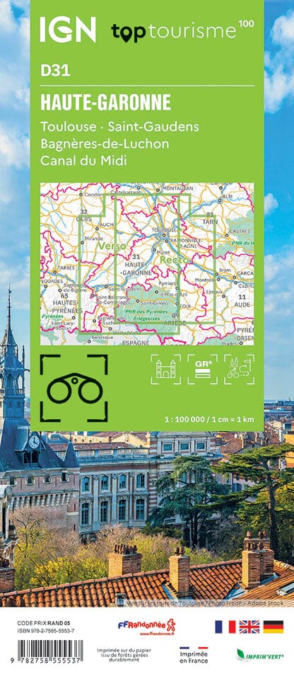 Carte touristique TOP 100 D31 - Haute-Garonne : Toulouse, St-Gaudens, Bagnères-de-Luchon, Canal du midi | IGN carte routière IGN