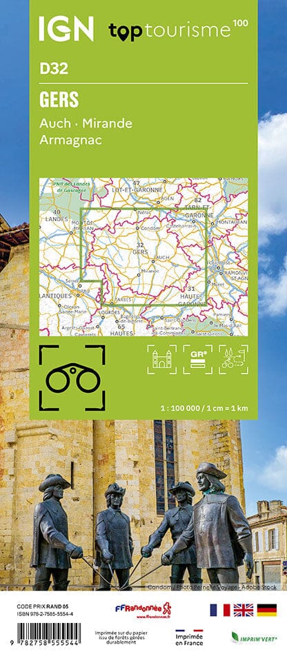 Carte touristique TOP 100 D32 - Gers : Auch, Mirande, Armagnac | IGN carte routière IGN