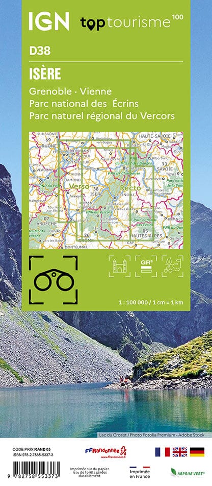 Carte touristique TOP 100 D38 - Isère : Grenoble, Vienne, PN Ecrins, PNR Vercors | IGN carte routière IGN