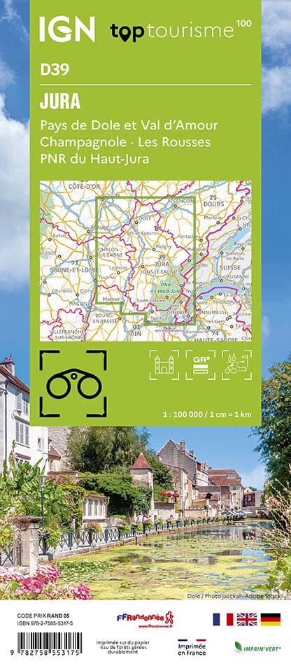 Carte touristique TOP 100 D39 - Jura : Pays de Dole et Val d'Amour, Champagnole, Les Rousses, Haut-Jura | IGN carte routière IGN