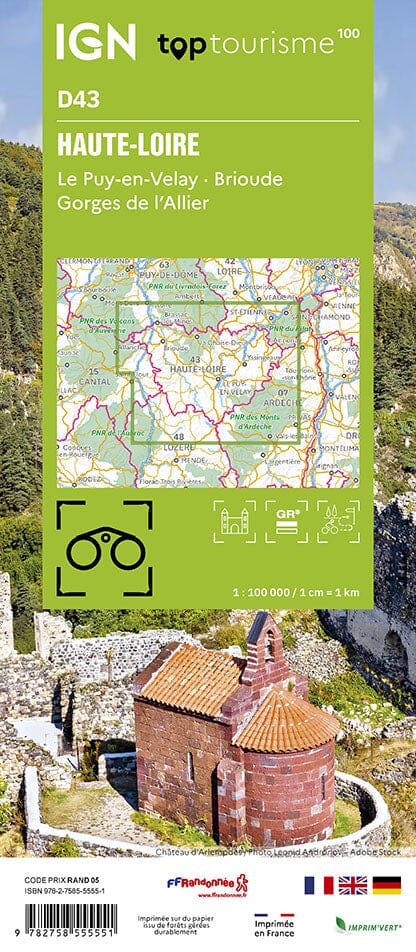 Carte touristique TOP 100 D43 - Haute-Loire : Le-Puy-en-Velay, Brioude, Gorges de l'Allier | IGN carte routière IGN