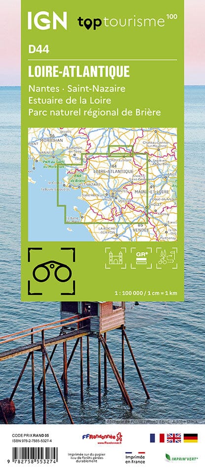 Carte touristique TOP 100 D44 - Loire-Atlantique : Nantes, St-Nazaire, Estuaire de la Loire, PNR Brière | IGN carte routière IGN