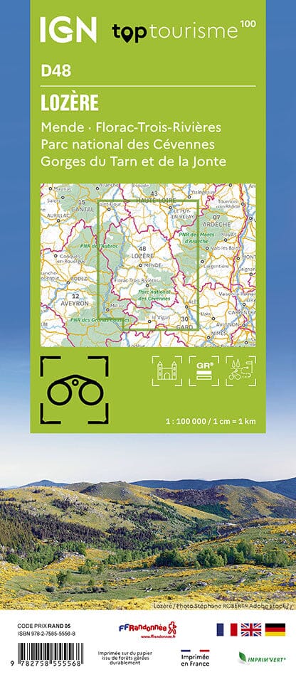Carte touristique TOP 100 D48 - Lozère : Mende, Florac-Trois-Rivières, PN des Cévennes | IGN carte routière IGN