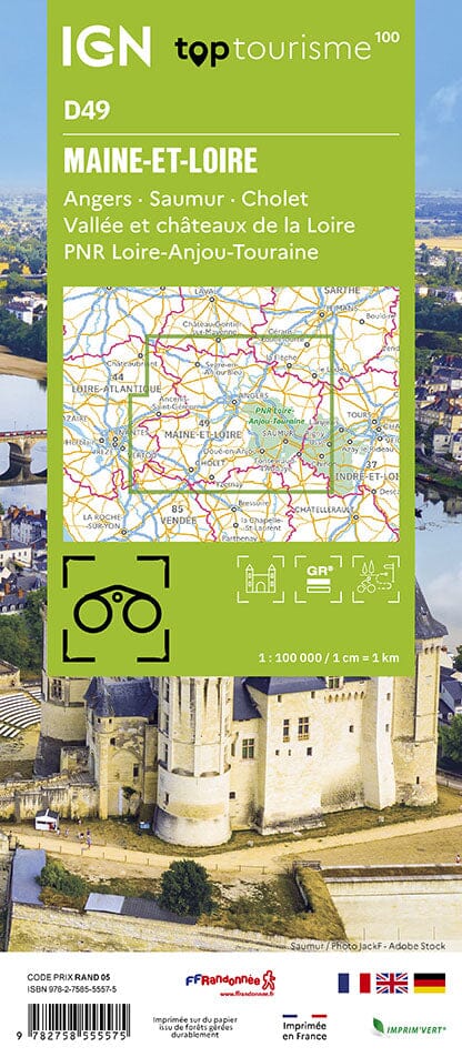 Carte touristique TOP 100 D49 - Maine-et-Loire : Angers, Saumur, Cholet, Châteaux de la Loire | IGN carte routière IGN
