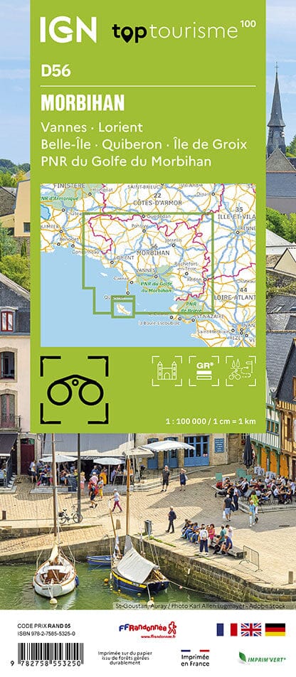 Carte touristique TOP 100 D56 - Morbihan : Vannes, Lorient, Belle-île, Quiberon, île de Grois, PNR Golfe du Morbihan | IGN carte routière IGN