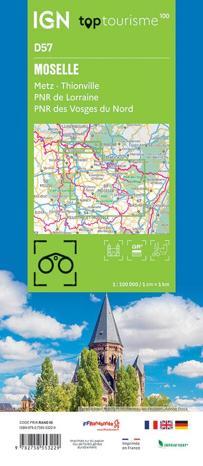 Carte touristique TOP 100 D57 - Moselle : Metz, Thionville, PNR Lorraine, PNR des Vosges du Nord | IGN carte routière IGN