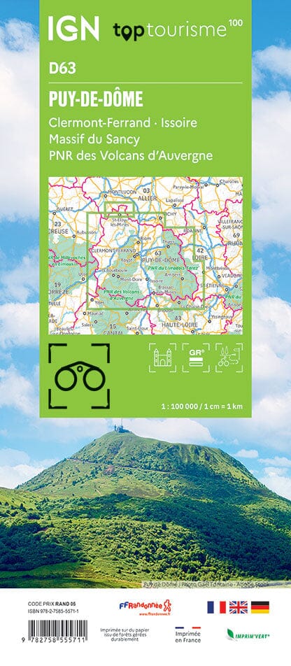 Carte touristique TOP 100 D63 - Puy-De-Dôme : Clermont-Ferrand, Issoire, Massif du Sancy, PNR des Volcans d'Auvergne | IGN carte routière IGN