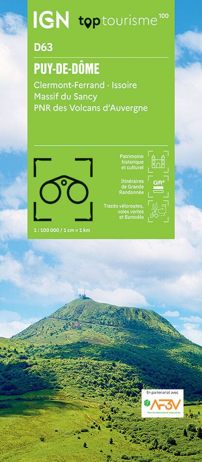 Carte touristique TOP 100 D63 - Puy-De-Dôme : Clermont-Ferrand, Issoire, Massif du Sancy, PNR des Volcans d'Auvergne | IGN carte routière IGN Default Title