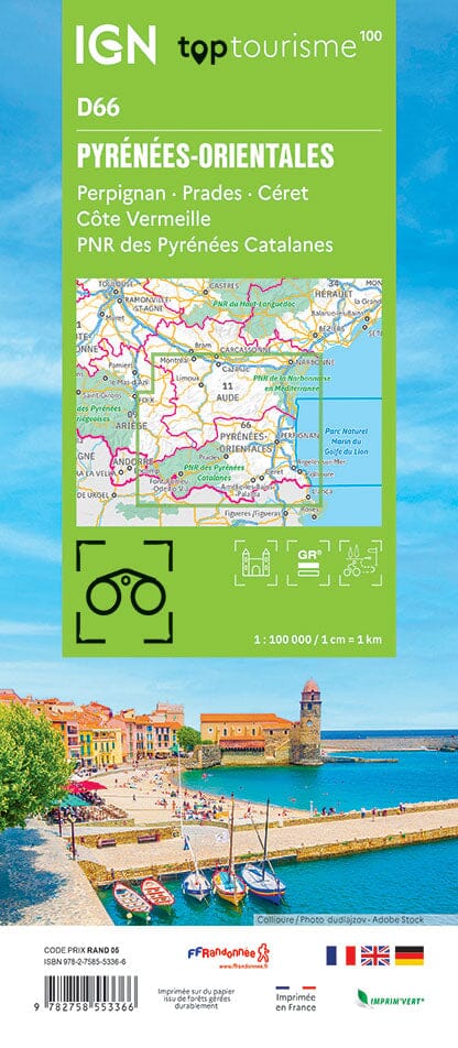 Carte touristique TOP 100 D66 - Pyrénées-Orientales : Perpignan, Prades, Céret, Côte Vermeille, PNR des Pyrénées Catalanes | IGN carte routière IGN