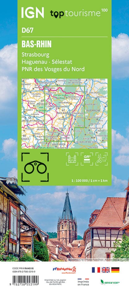 Carte touristique TOP 100 D67 - Bas-Rhin : Strasbourg, Haguenau, Sélestat, PNR Vosges du Nord | IGN carte routière IGN