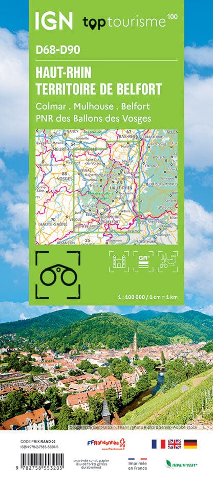 Carte touristique TOP 100 D68, D90 - Haut-Rhin, Territoire de Belfort | IGN carte routière IGN