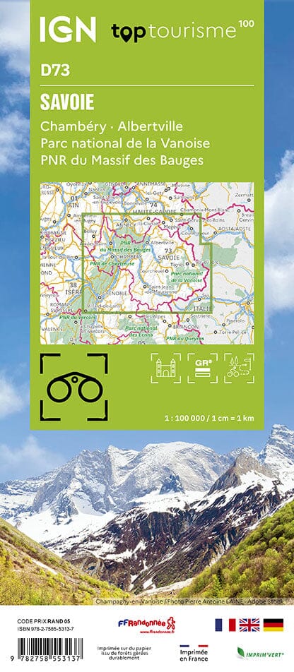 Carte touristique TOP 100 D73 - Savoie : Chambéry, Albertville, PN Vanoise, PN Bauges | IGN carte routière IGN