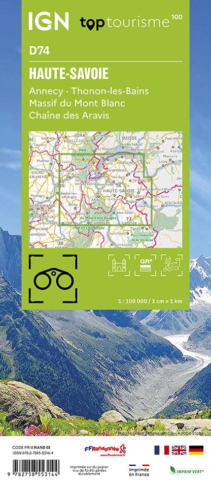 Carte touristique TOP 100 D74 - Haute-Savoie : Annecy, Thonon-les-Bains, Massif Mont-Blanc, Aravis | IGN carte routière IGN